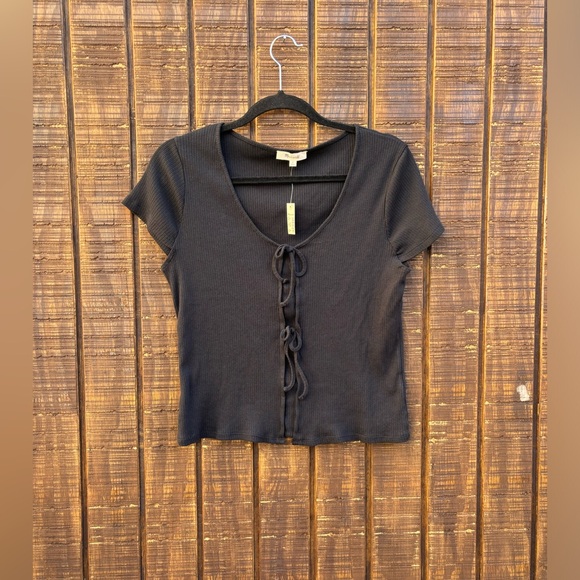NWTS Madewell Ribbed Black Tie Bow Short Sleeve - Picture 2 of 14